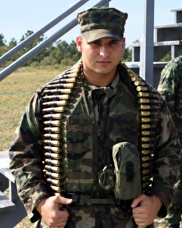 George in camouflage uniform and cap during his Coast Guard service, with ammunition belts over his shoulders